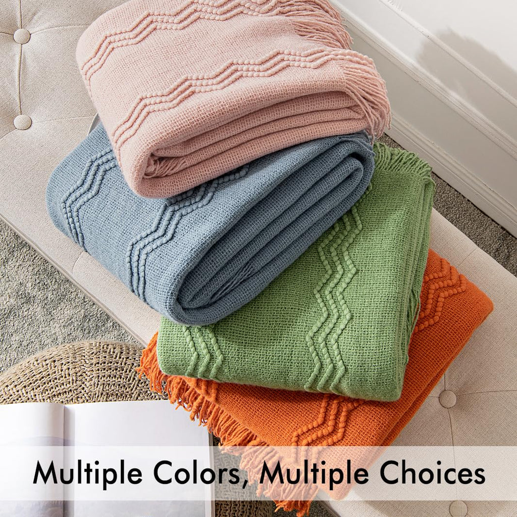 Light Pink Knitted Boho Throw Blanket for Couch 50"x60"