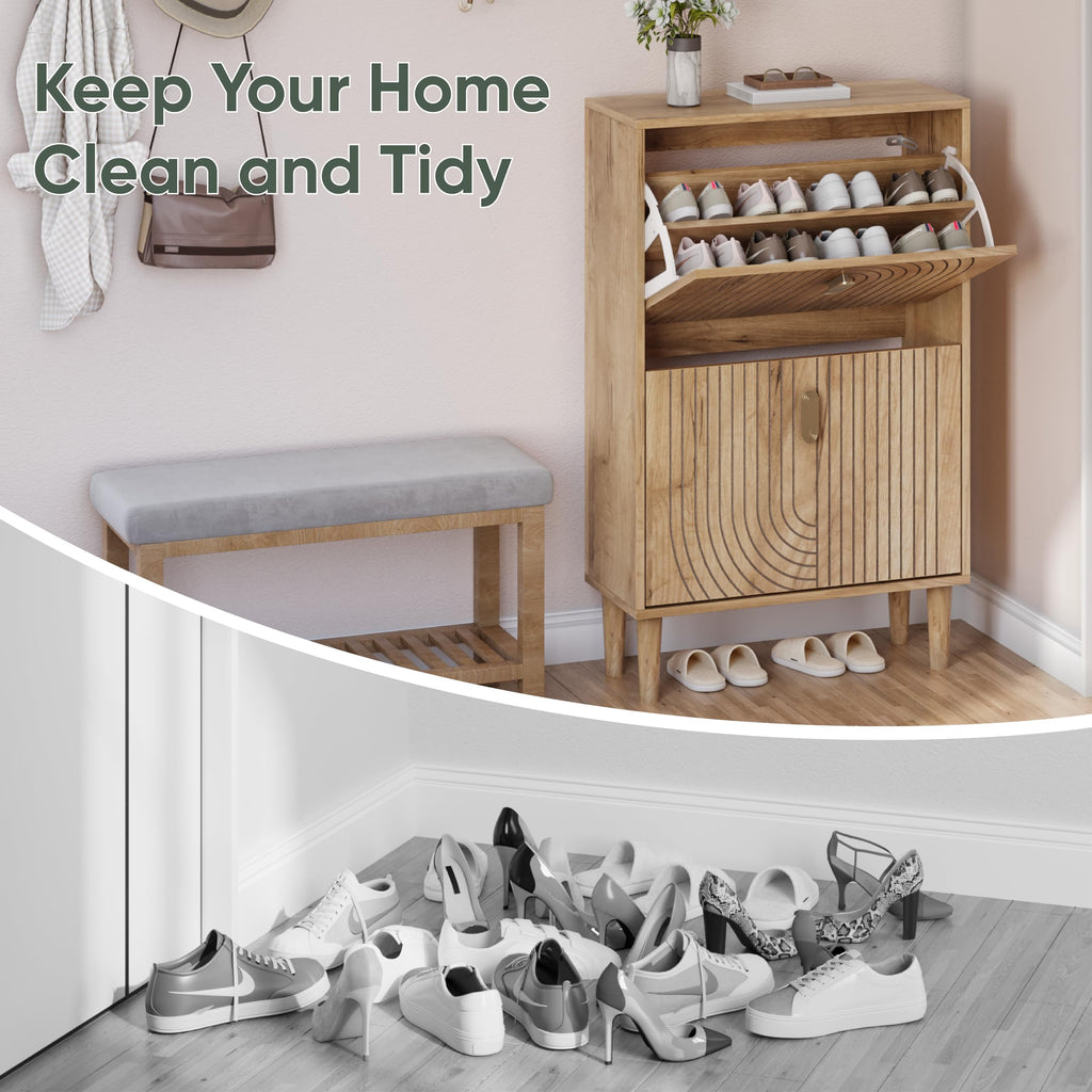 Shoe Cabinet with 2 Flip Drawers, 23.6" Oak Hidden Shoe Storage Cabinet with Line Groove Design, Freestanding Shoe