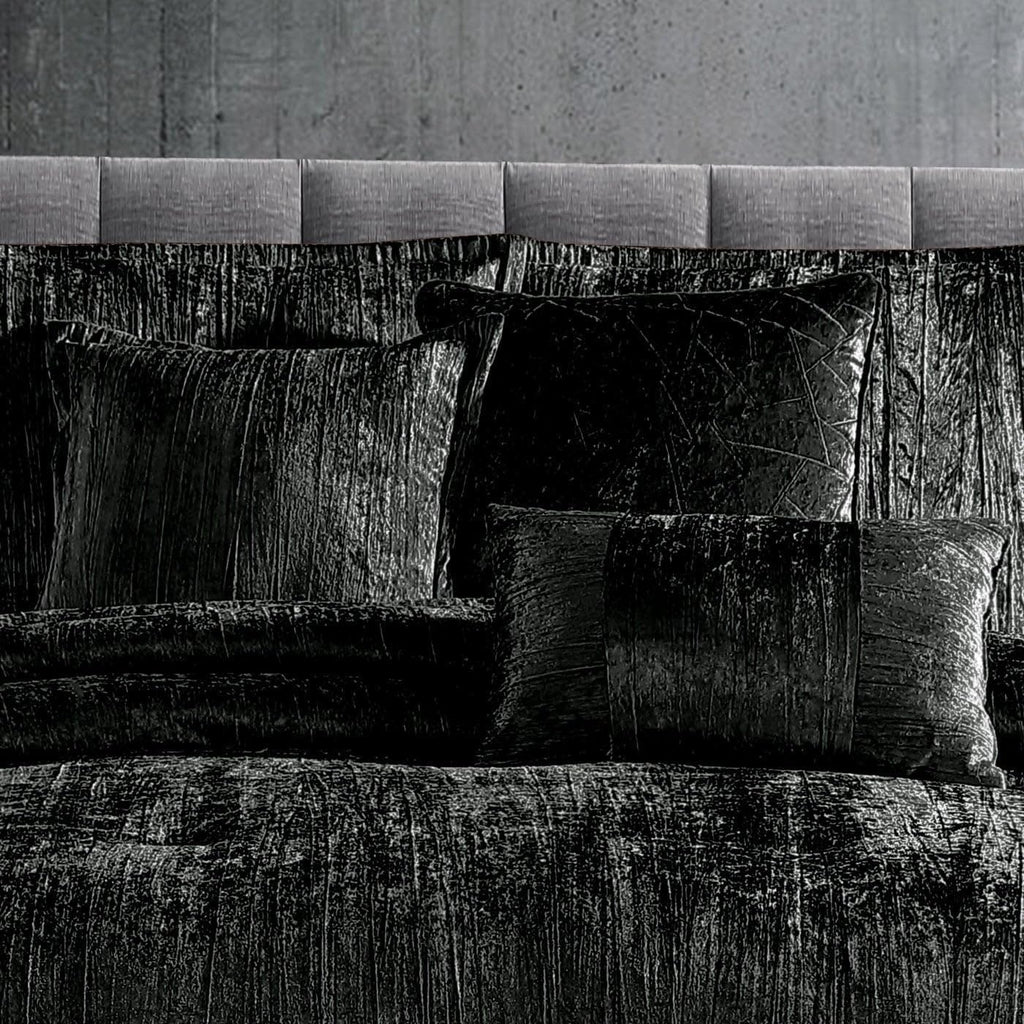 Turin Crinkle Velvet Comforter Bedding Set, Queen Size, Glam Textured Décor, Black, 7 Pieces