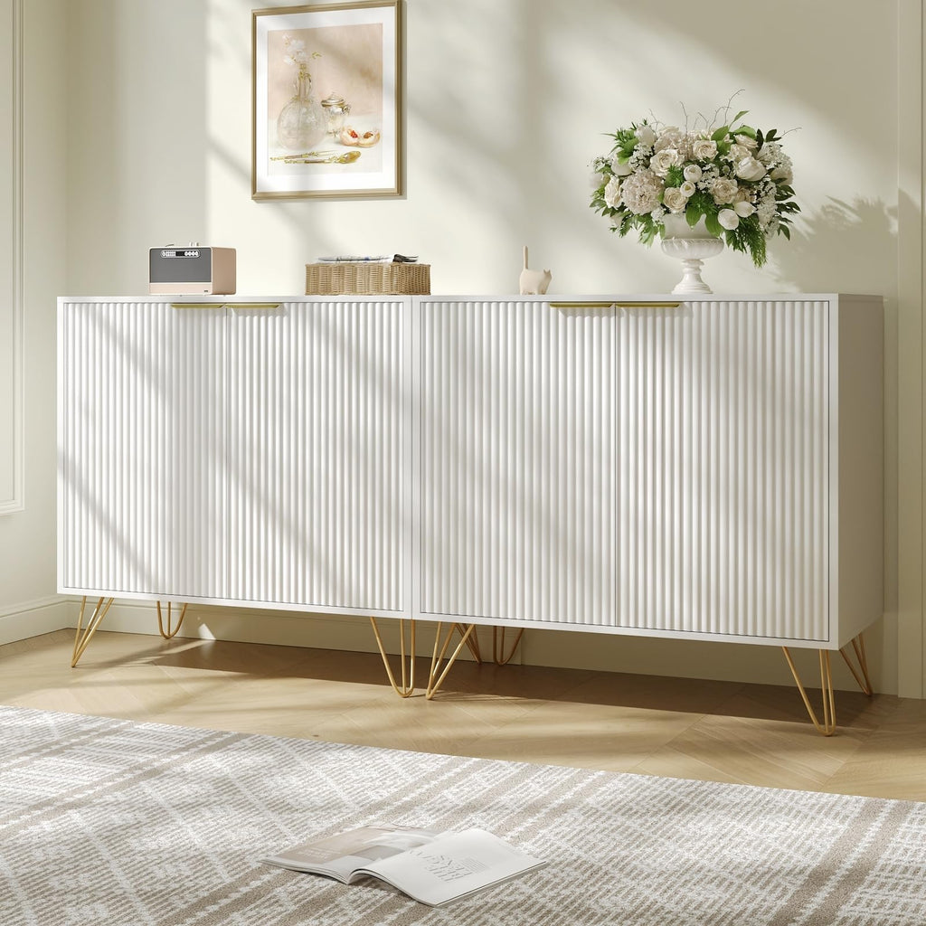 Storage Cabinet with 2 Fluted Doors and Adjustable Shelves, White, 2pcs丨Modern Wood Accent Table, Sideboard Buffet