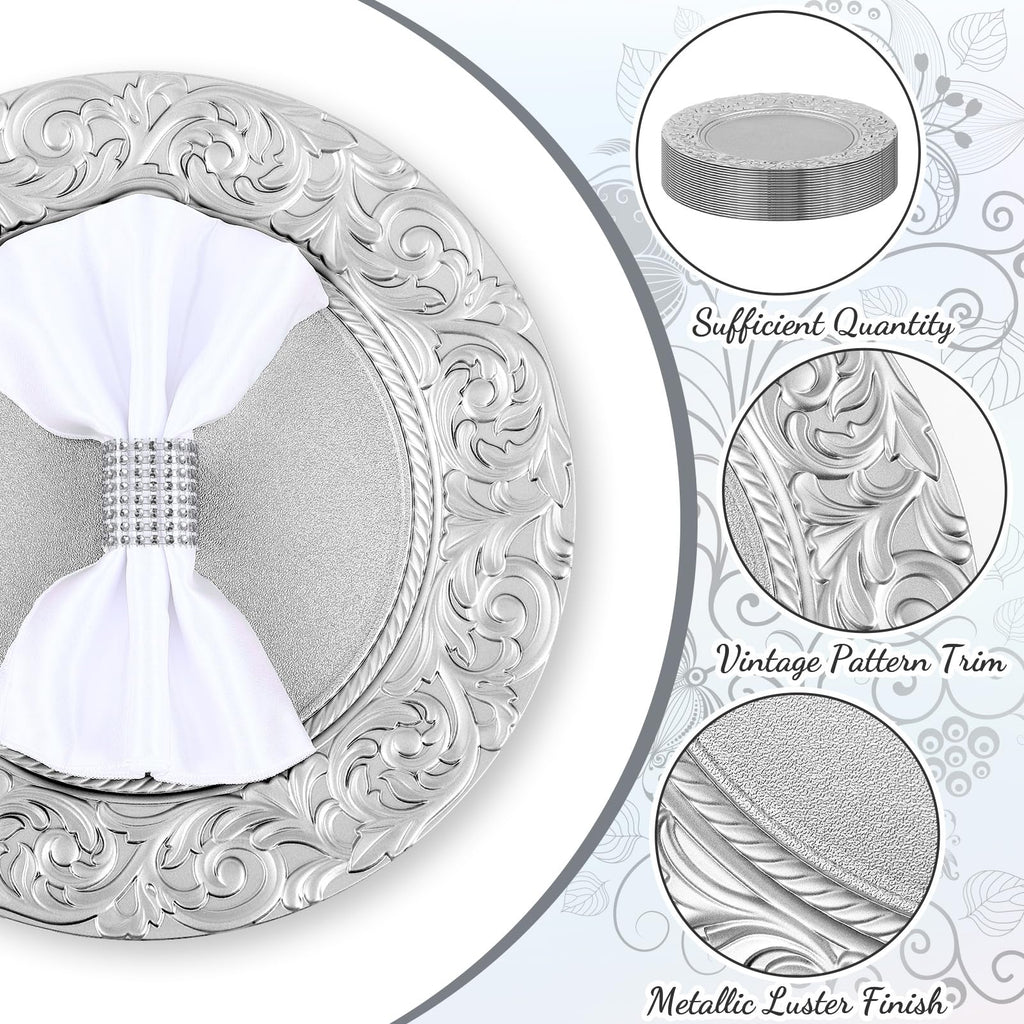 24 Pcs Silver Charger Plates Bulk 13'' Antique Plastic Chargers