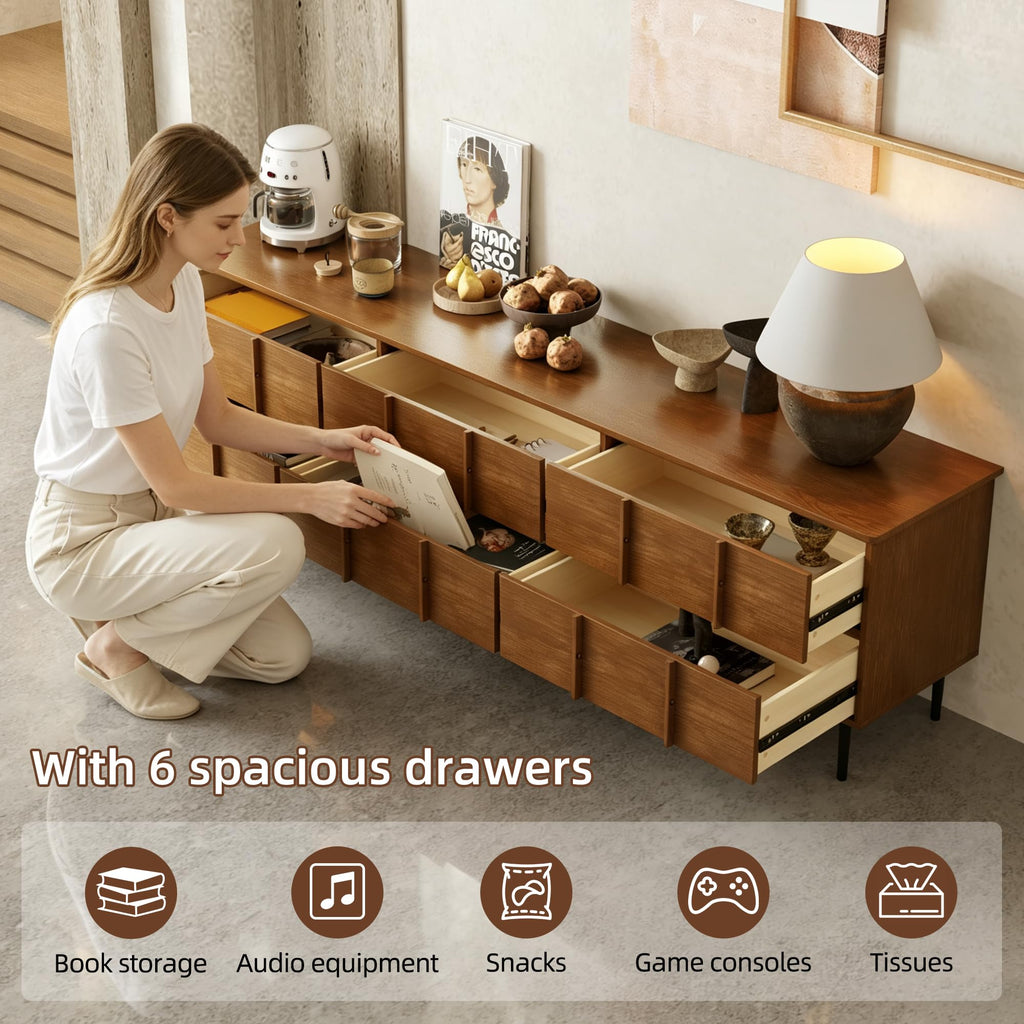 86" Modern Solid Wood Media Console, 6-Drawer Storage Sideboard