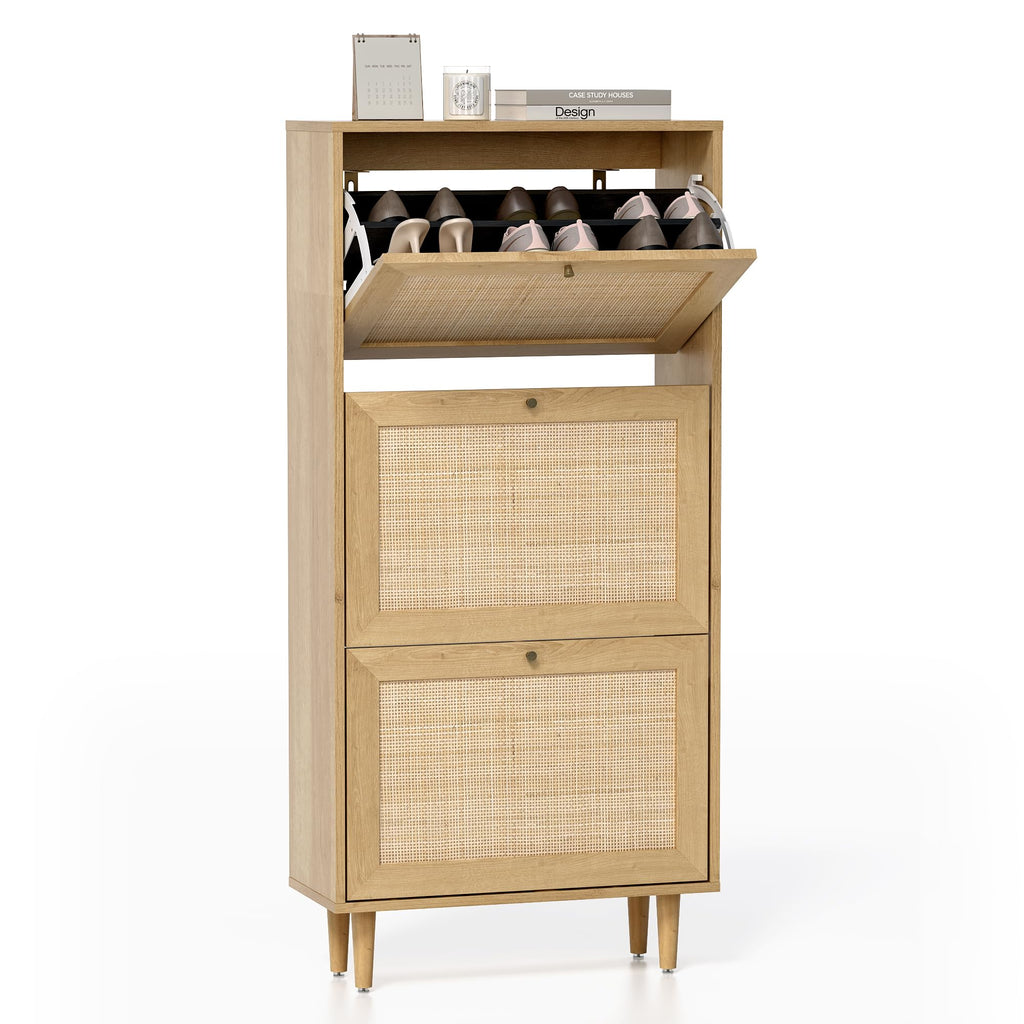 Rattan Shoe Cabinet Narrow Shoe Storage Cabinet with 3 Flip Drawers Hidden Freestanding Shoe Rack Organizer with Wood