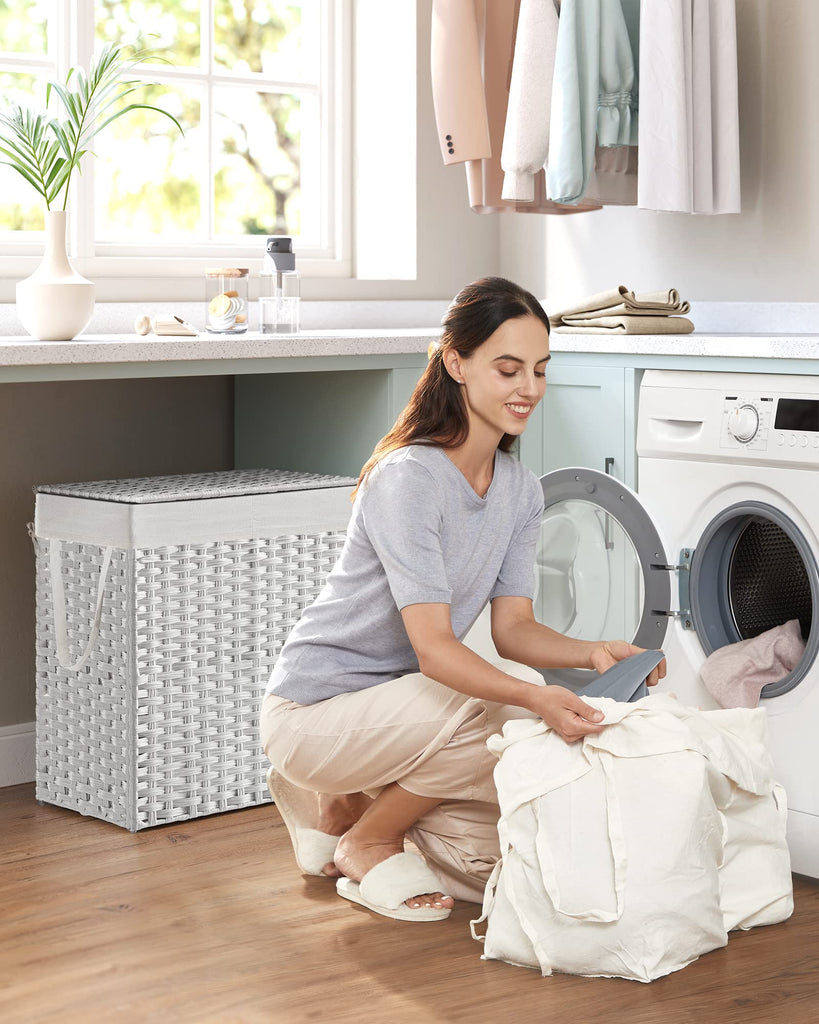 Laundry Hamper with Lid, 110L Double Wicker Basket, 6 Mesh Bags