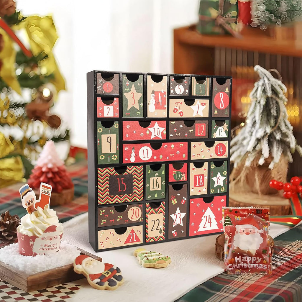 Wooden Advent Calendar to Fill, 14.6×12.6 Inch 24-Day Refillable Empty Christmas Countdown Calendar with Drawers