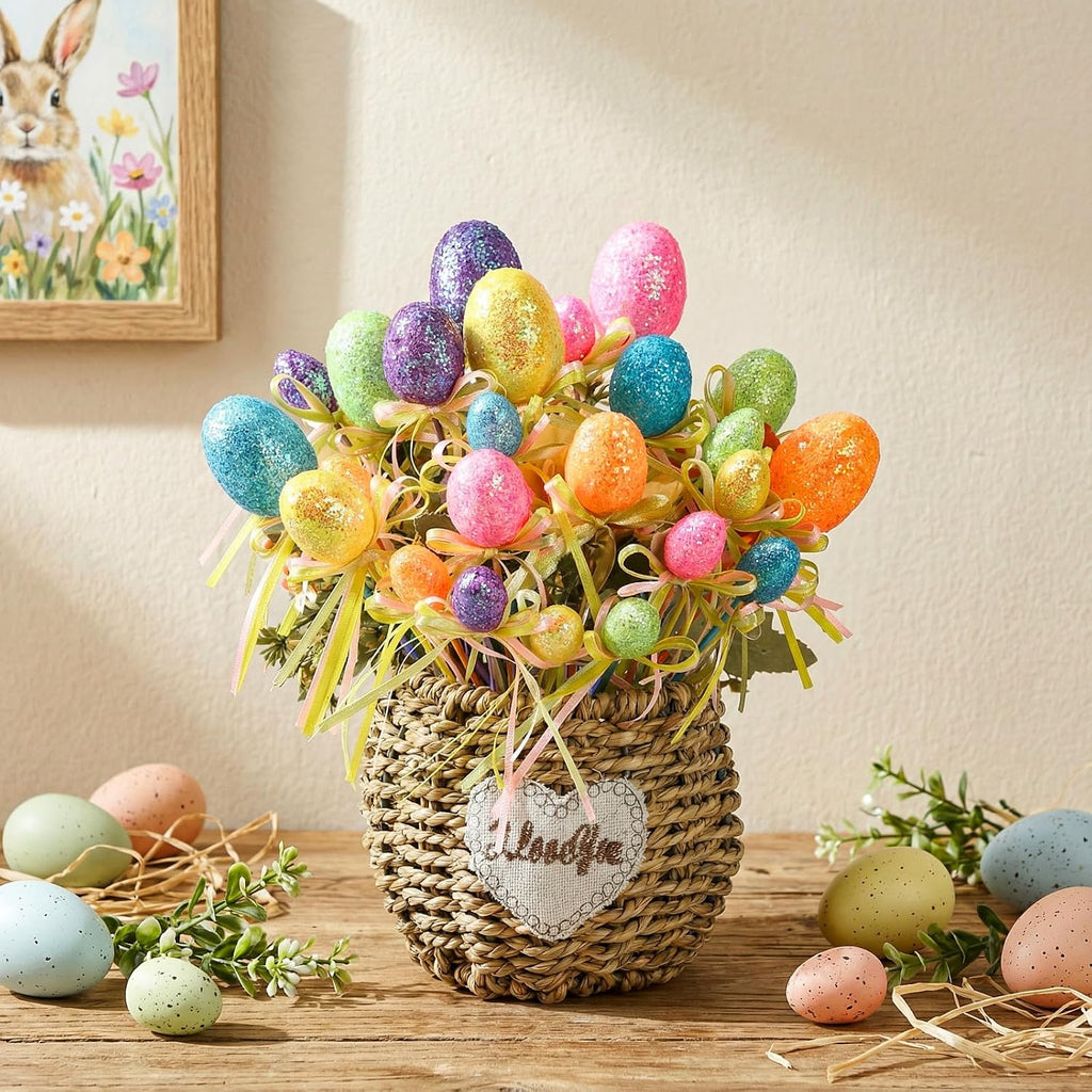 Easter Egg Picks Glitter Foam Easter Cupcake Picks Spring Colorful Floral Egg Stems for Tree Topper Decor - Set of 24