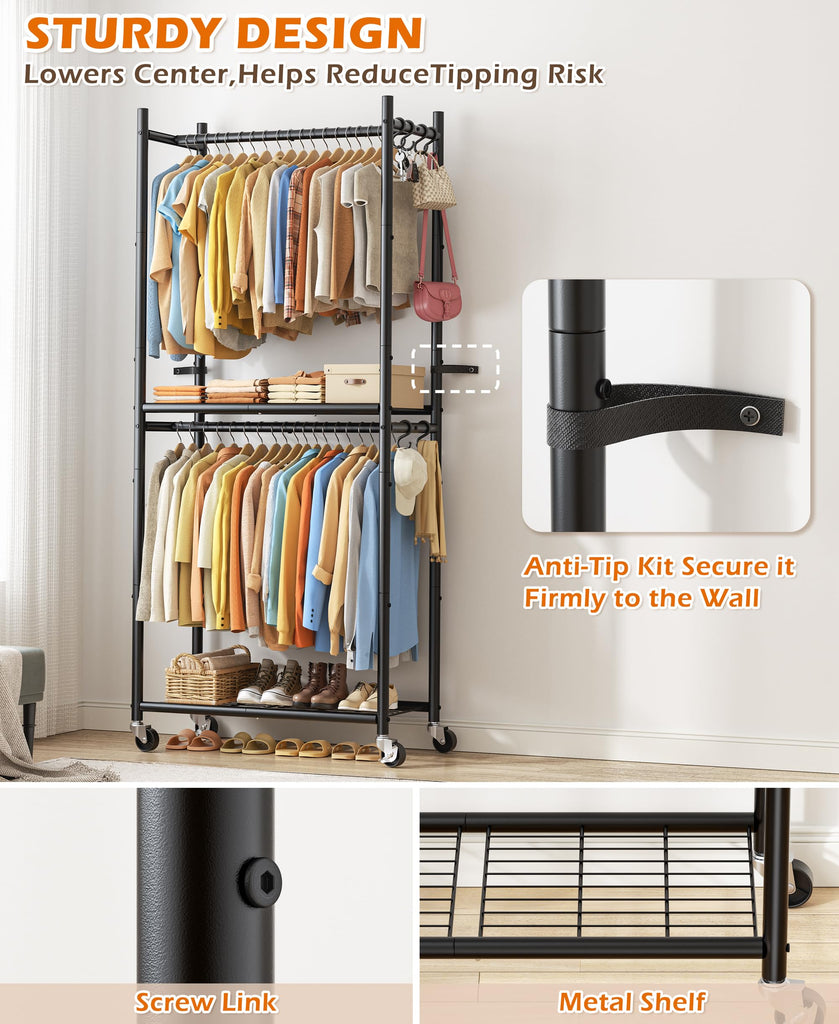 Clothes Rack, 79.7" Double-Tier Clothing Rack with Shelves&Wheels