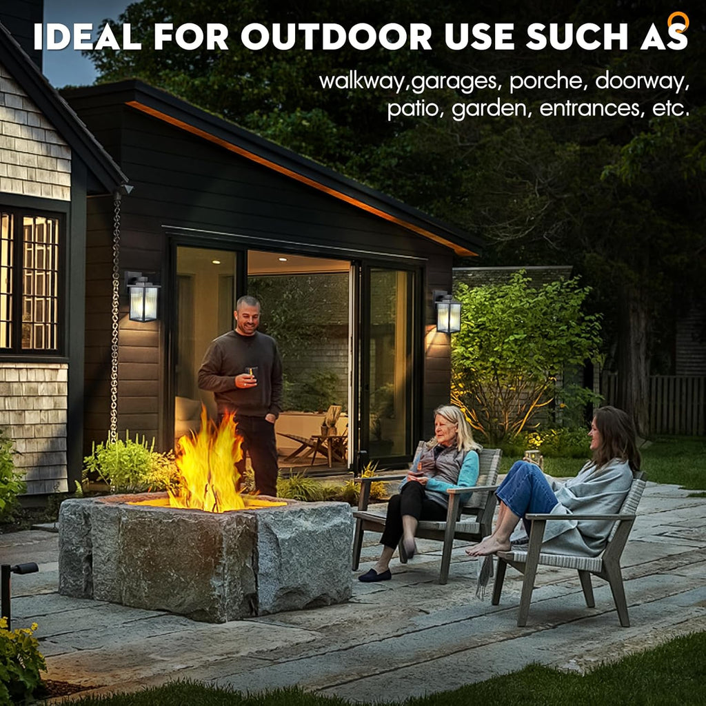 Outdoor Wall Lights for House Exterior - IP65 Waterproof Porch Lights with Textured Glass & Matte Black Metal