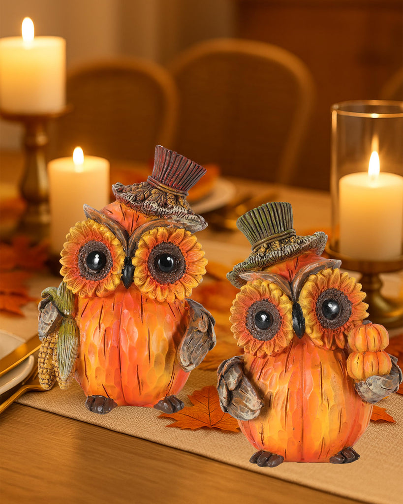 Set of 2 Thanksgiving Decorations Owl Figurines - Hand-Painted Resin Pumpkin Owls with Sunflower Eyes & Hats, 4.7"
