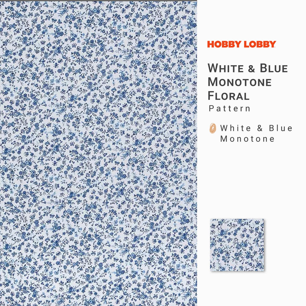 White & Blue Monotone Floral Cotton Calico Fabric, 1 Yard