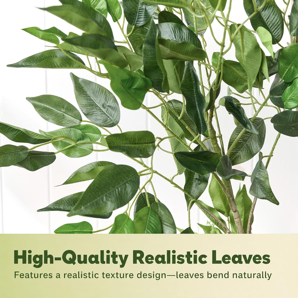 6FT Artificial Ficus Tree, Large Faux Fig Tree with Realistic Silk Leaves & Natural Wood Trunk, White Planter