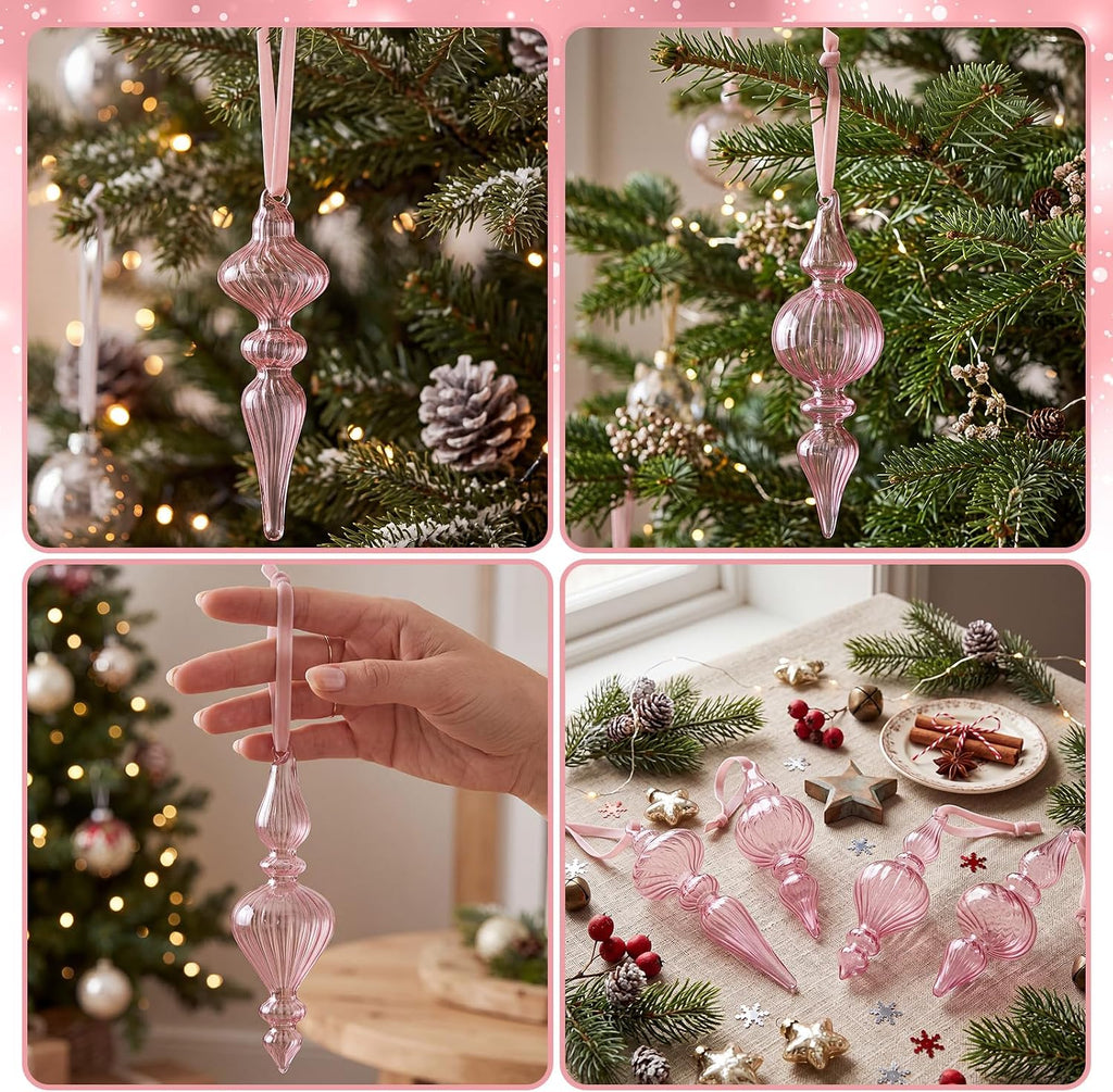 Vintage Glass Finial Christmas Ornaments, Pink - Set of 12