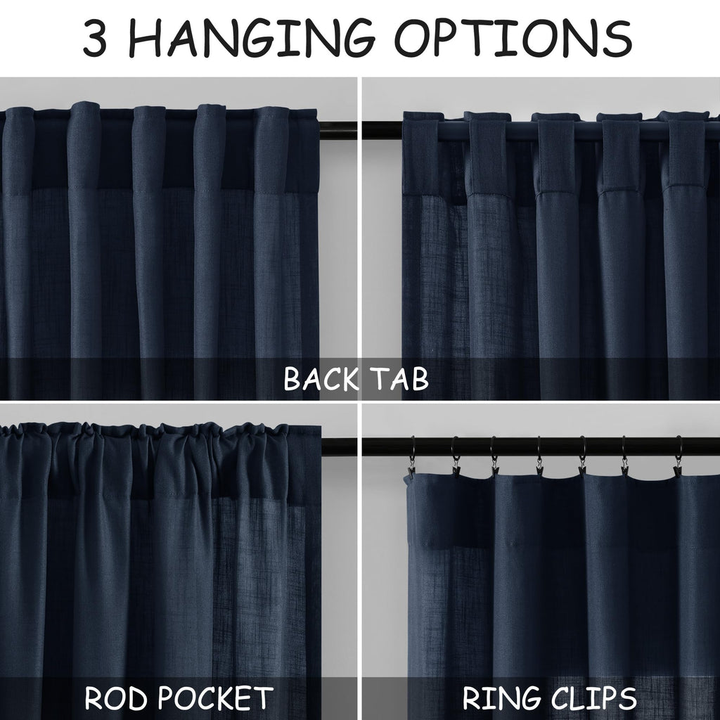 Navy Blue Linen Curtains 102 Inches Long 2 Panel Set Back Tab Rod Pocket Indigo Semi Sheer Curtains Light Filtering