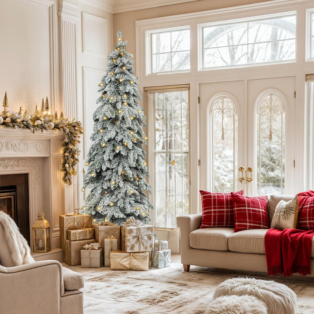 Prelit Flocked Drooping Pencil Christmas Tree with Pine Cone