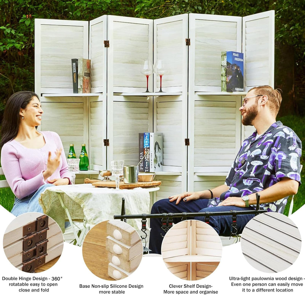 Partition Room Dividers, Folding Wood Privacy Screen with Three Display Shelves Suitable, Study, Art Display - 6