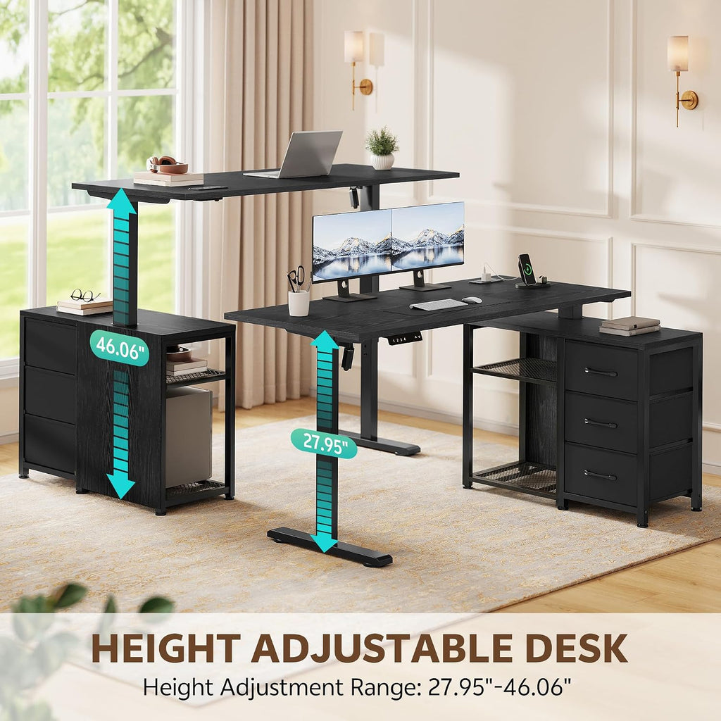 47 Inch L Shaped Desk with 3 Drawers Electric Standing Desks Black | with Storage Computer Table Adjustable Height