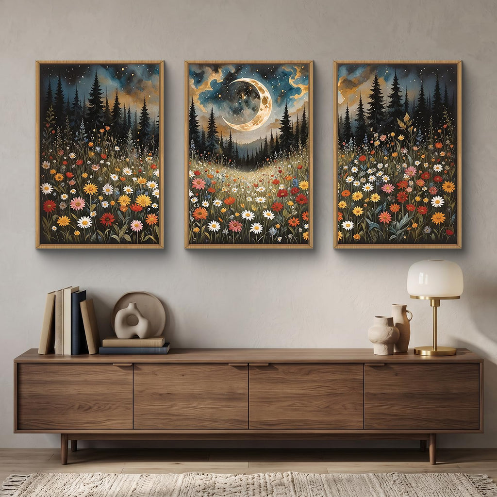Wildflower Moon Forest Framed Canvas Wall Art Set, Nature Pine Tree Wall Decor, Mystical Starry Night Artwork Rustic