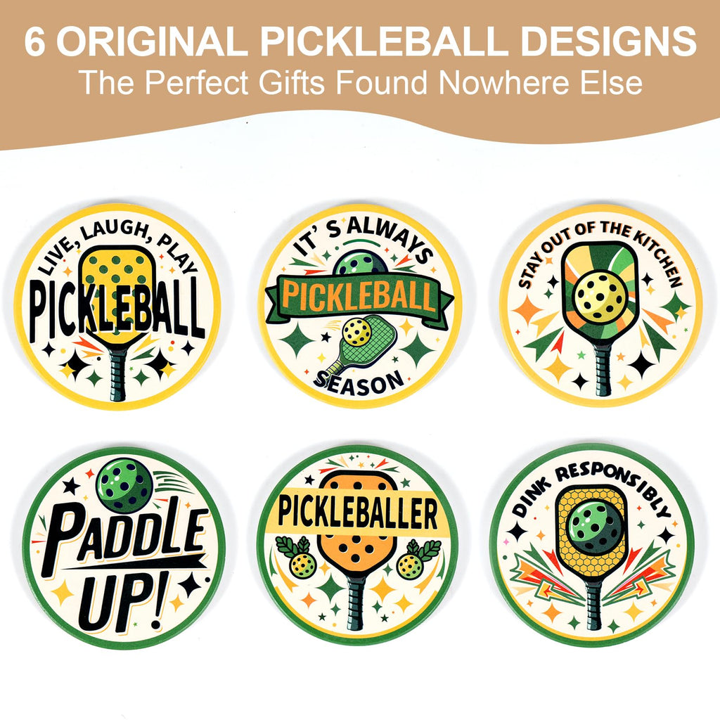 TM Pickleball Themed Coaster Set, 6 Pieces, Ceramic, Vibrant Designs, Inspirational Quotes, Metal Holder, Gift