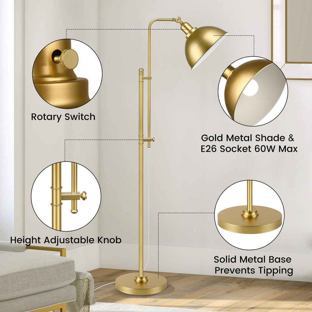 Industrial Floor Lamp Adjustable, Rustic Farmhouse Reading Lamp in Aged Gold Finish, Modern Standing Lamp with Remote