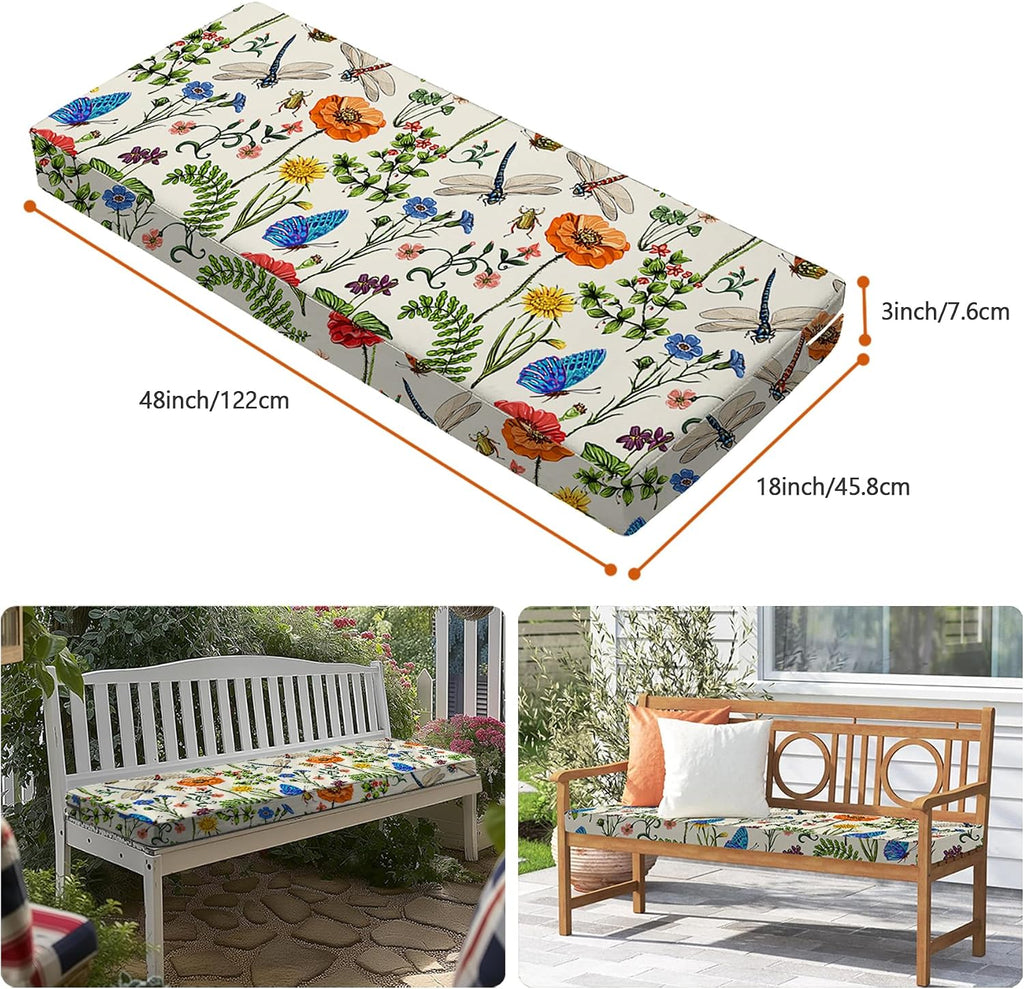 Outdoor Waterproof Bench Cushion 48 x 18 x 3 Inch with Ties | Water-repellent floral patio cushion Waterproof for