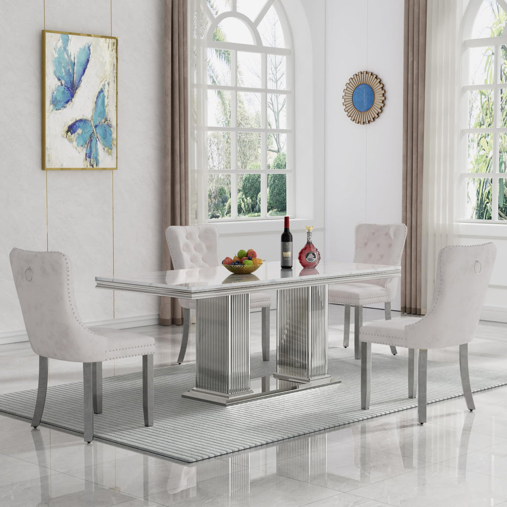68" Faux Marble White Silver Dining Table for 6, Modern Dining Room Table with 0.71" Marble Printing MDF Top and Dual
