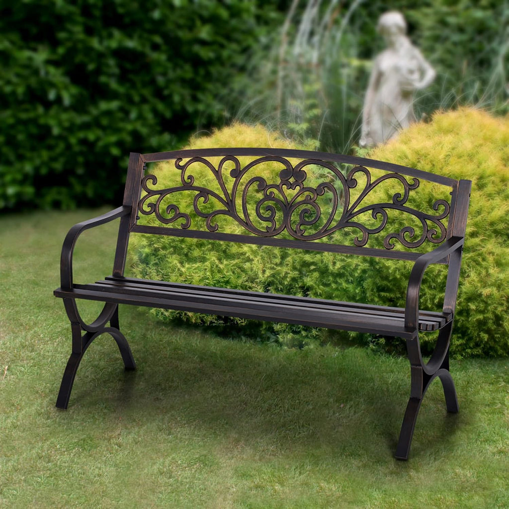 Metal Outdoor Bench Classic Floral Pattern, 50" Bronze | Cast Iron Metal Garden Benches for Outdoors, Front Porch