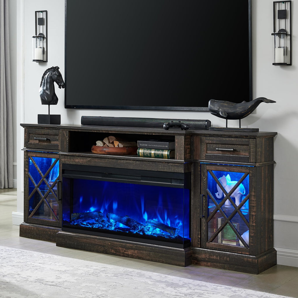 Farmhouse TV Stand with Fireplace, 70'' Entertainment Center Stand with 36" 3-Sided Glass Electric Fireplace for TVs