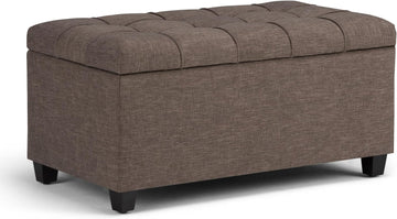 Sienna 33" Wide Vegan Leather Storage Ottoman in Satin Cream | Tanners brown, transitional ottoman with tufting and