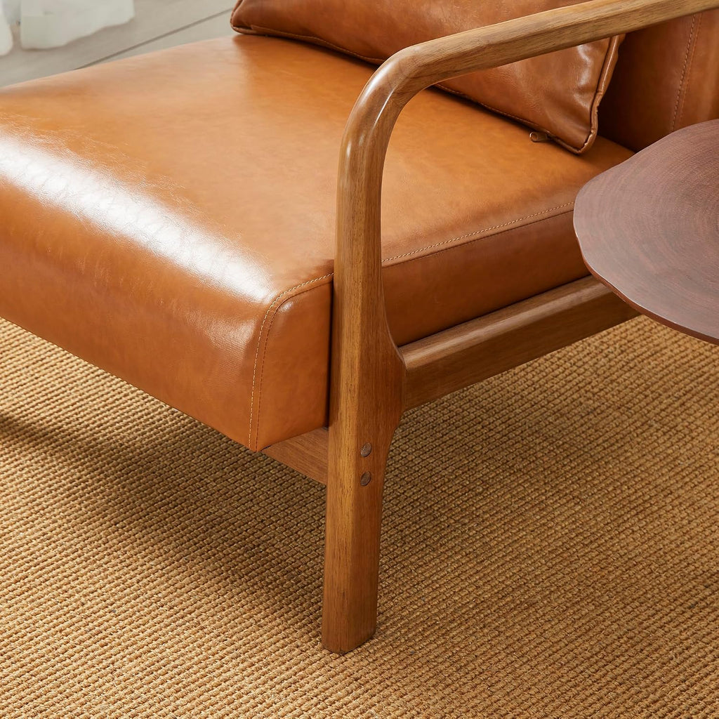 Set Mid Century Yellowish Brown Accent Armchair, Single Reading Armchair PU Leather Lounge Chair with Walnut - Set of 2