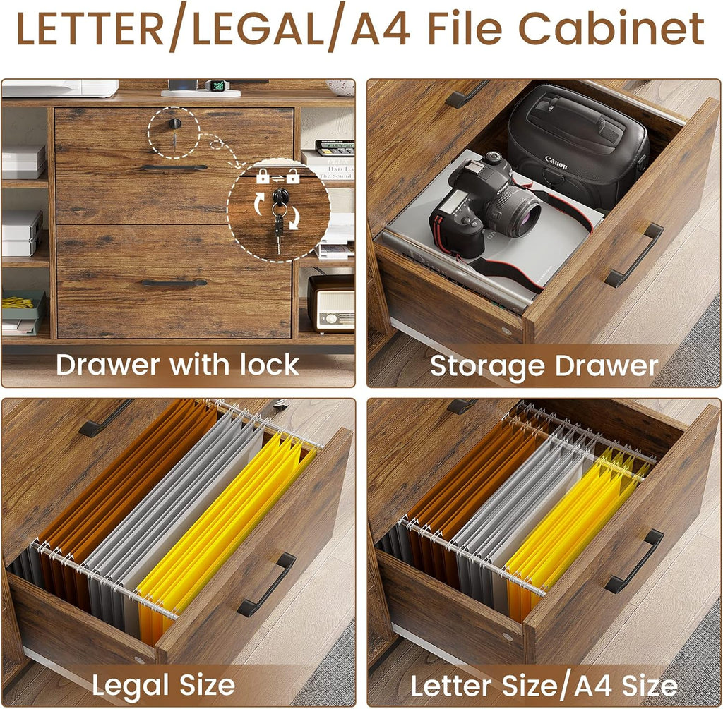 44" File Cabinet with Lock, Filing Cabinet fits Legal/Letter Size | Rustic Brown Lateral 2 Drawer Filing Cabinets