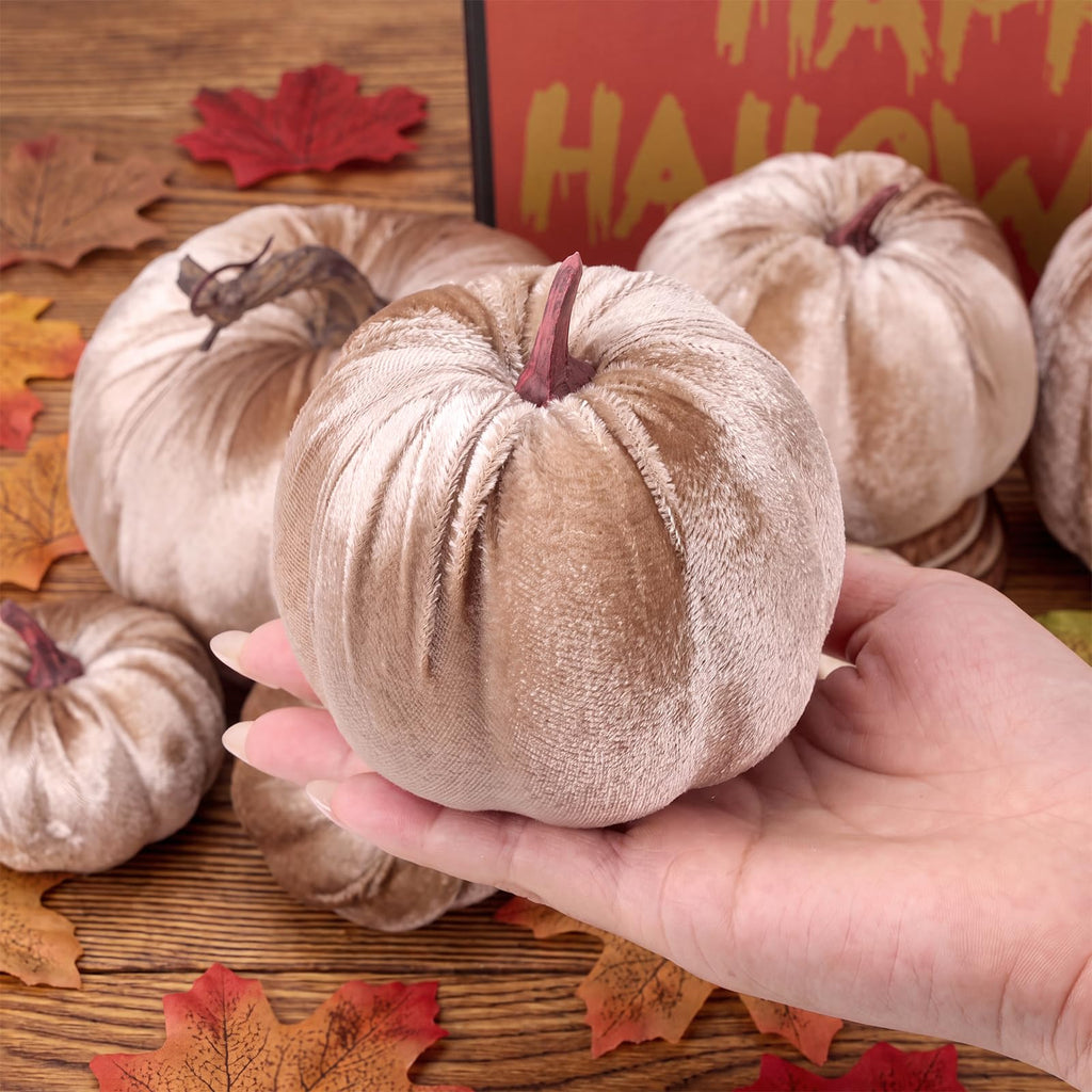 8 Pcs Fake Champagne Velvet Pumpkins Artificial Pumpkin Decor