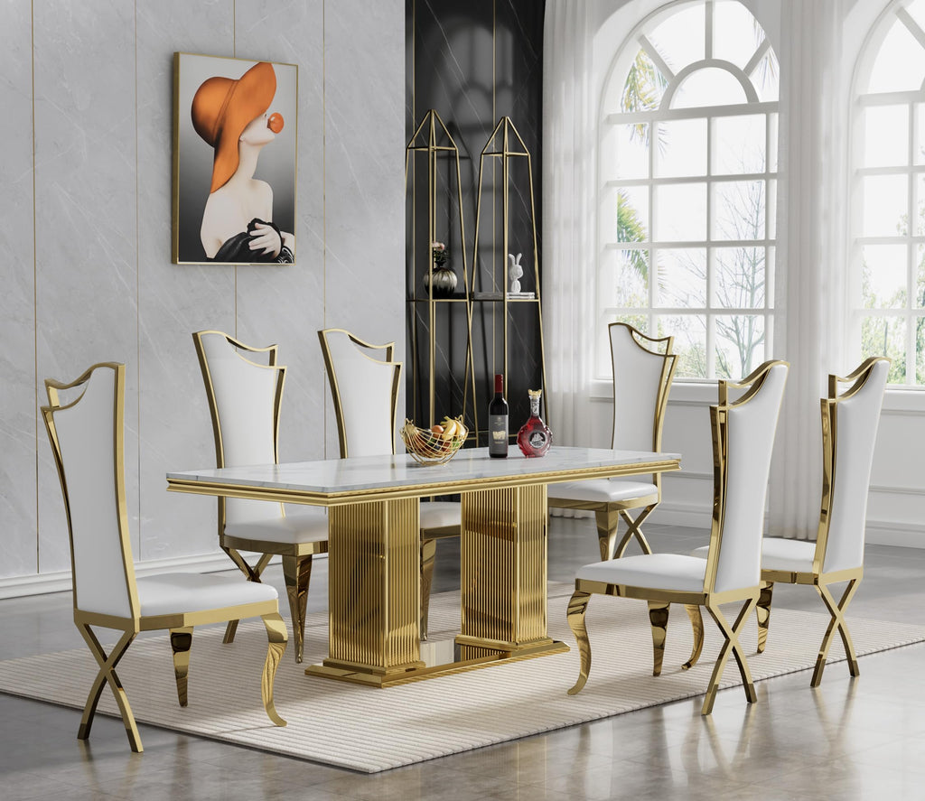 68 in Faux Marble Dining Table for 4-6, White Marble Dining Table with Gold Stainless Steel Base, Luxury Rectangular