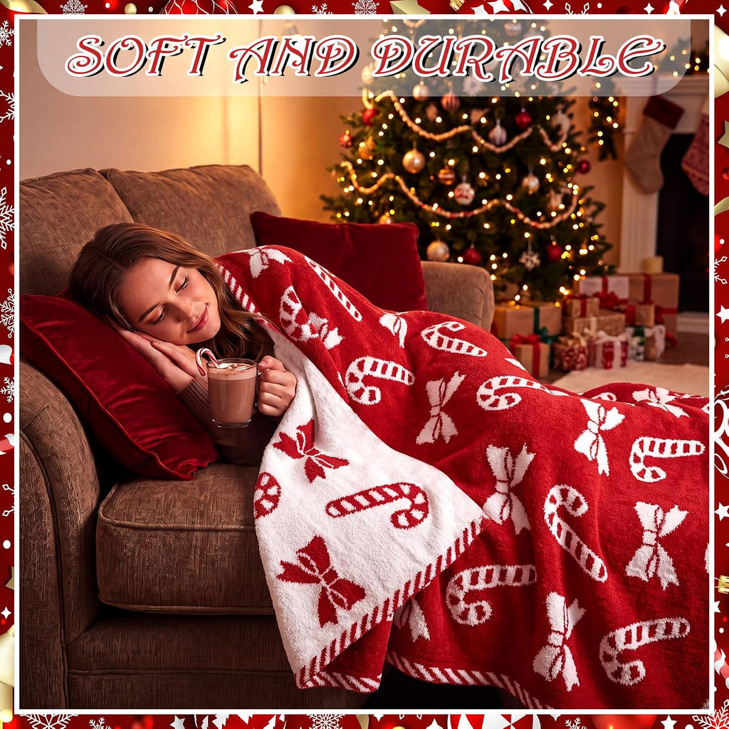 Red Candy Cane Bow Christmas Blanket Knitted Reversible Flannel