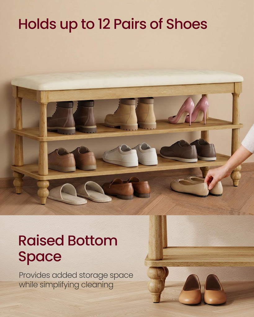2-Tier Shoe Bench, Wooden Entryway Bench, 39.4 Inches Width