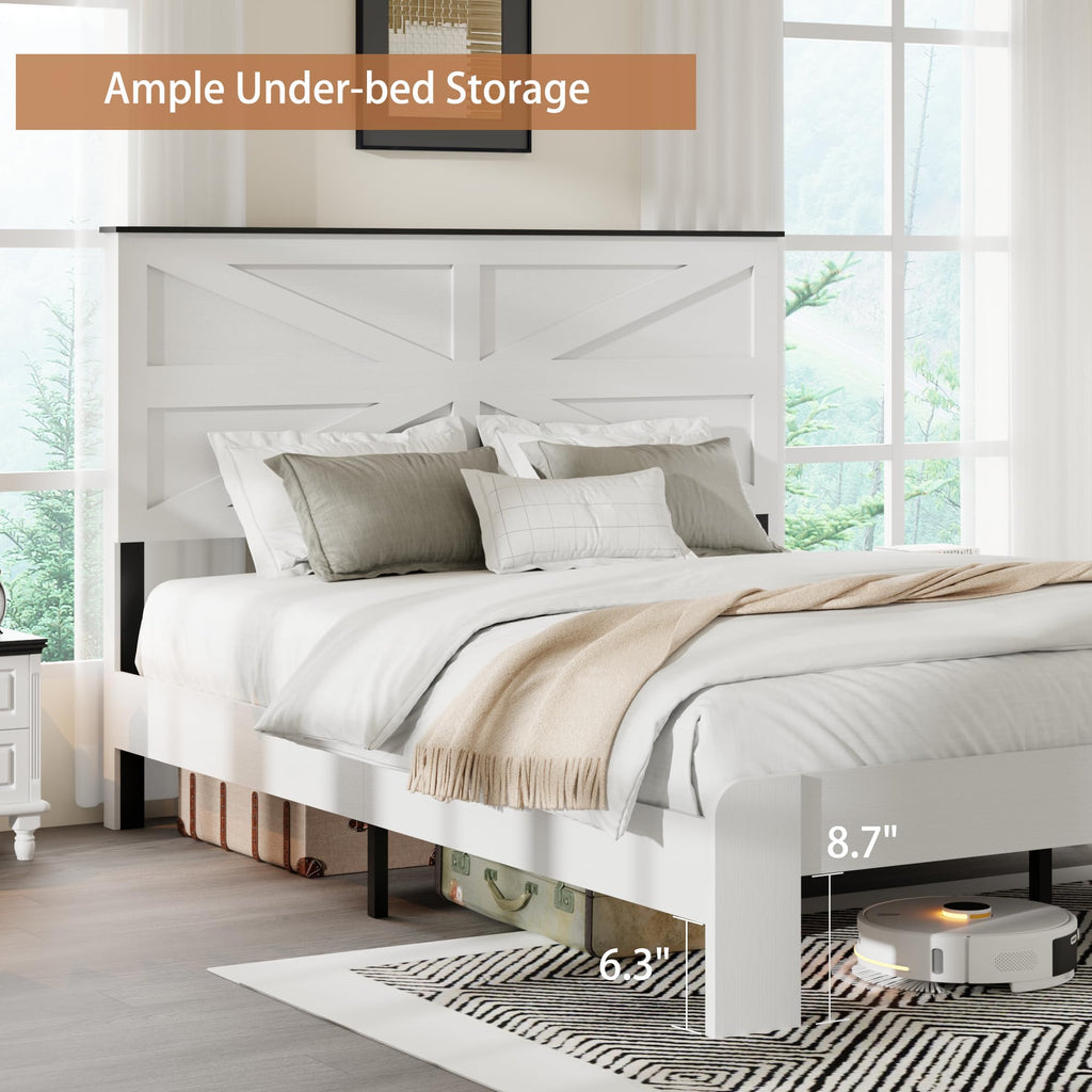 Farmhouse King Size Bed Frame with Barn Door Headboard, Boho White Wooden Platform Bed with Strong Metal Slat