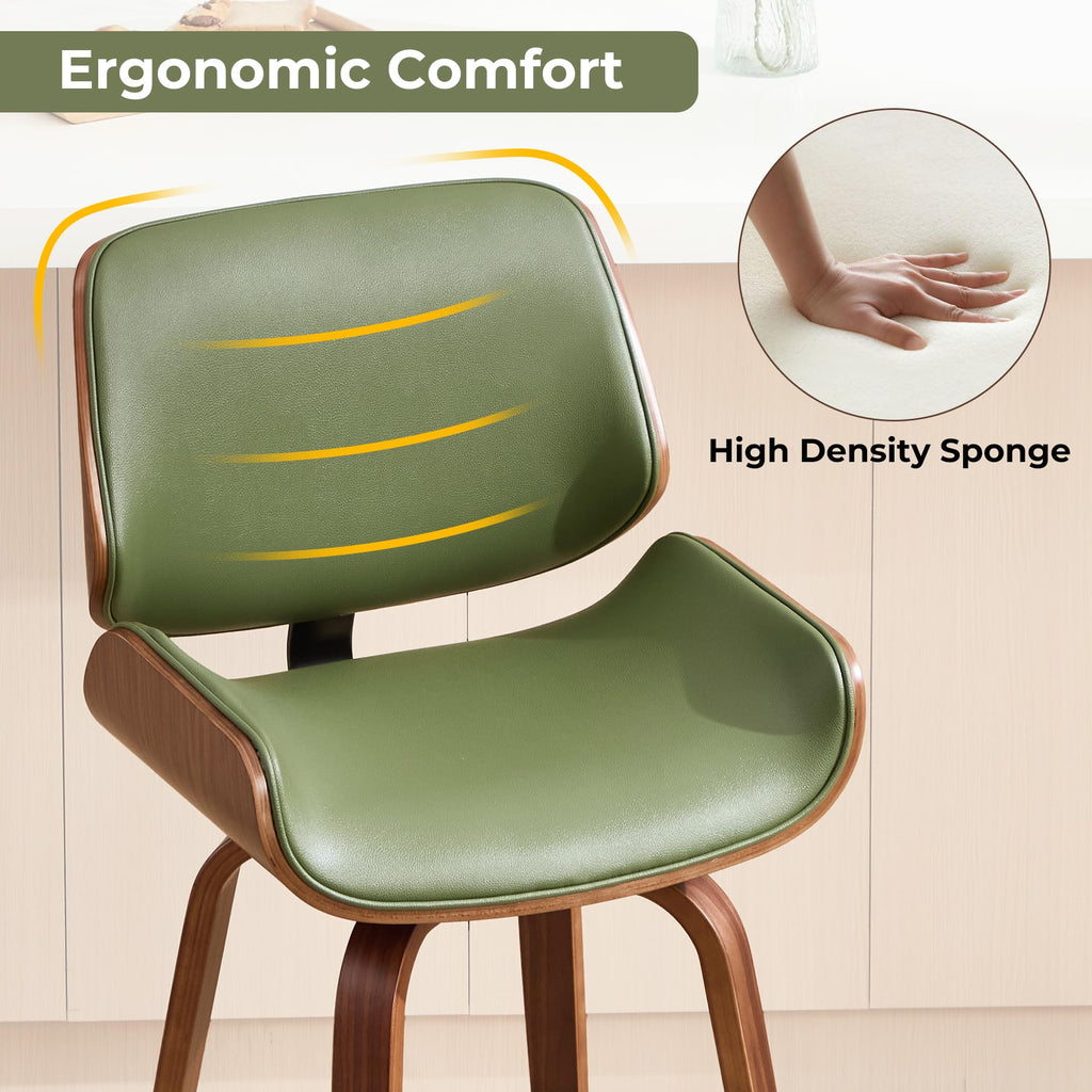 Swivel Bar Stools Set of 2, 24" Upholstered Faux Leather Barstools, Mid Century Modern Counter Height Barstools with