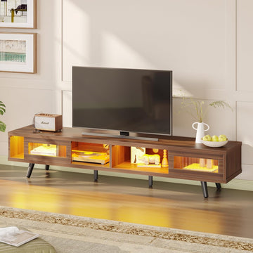 Mid Century Modern TV Stand for 75 inch TV, LED Entertainment Center with Storage and Sliding Doors, Low Profile TV