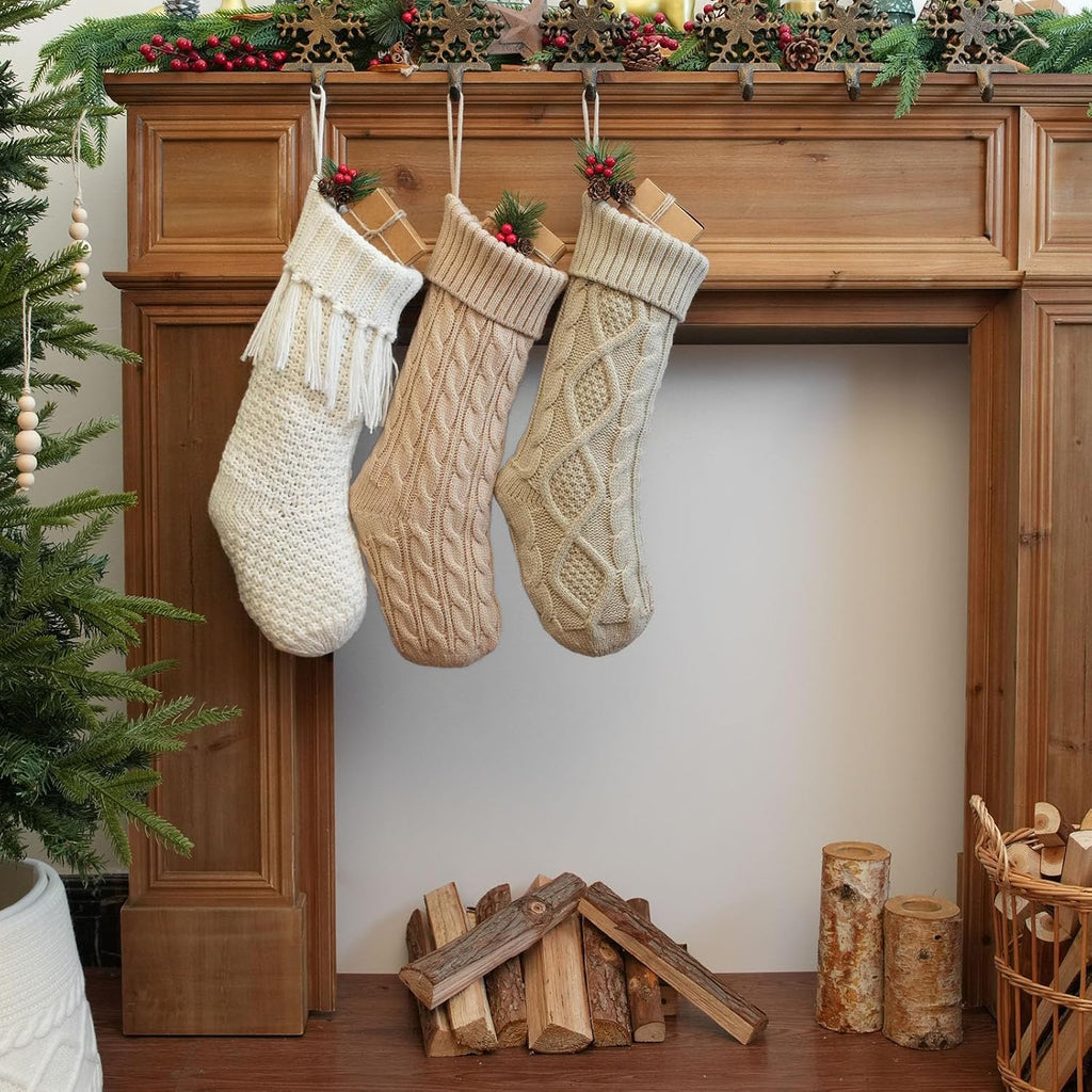 3 Pack Neutral Farmhouse Christmas Stockings - Large 18" Rustic Boho Vintage Cable Knit Holiday Stockings in White
