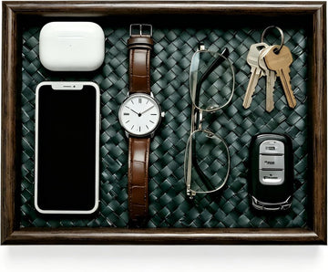 Wooden Valet Tray with Leather Base - EDC Catchall Tray for Men