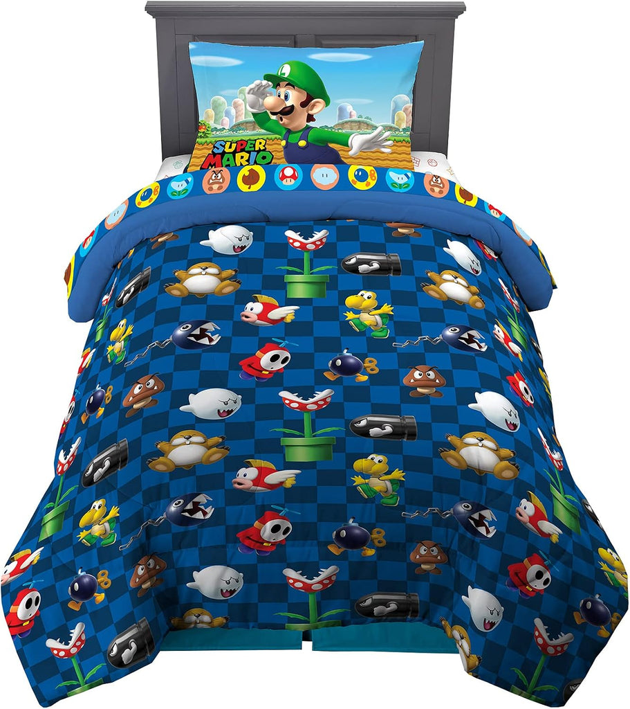 Super Mario Kids Twin Bedding, 4 Piece Super Soft Cozy Reversible Comforter and Sheet Set, (Officially Licensed Product)