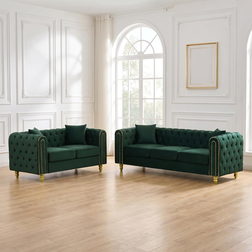 Chesterfield 86" 3-Seater + 63" Loveseat Green Sofa Sets, 3+2-Seater Couch Comfy Sofa, Button Tufted Rolled Arms and