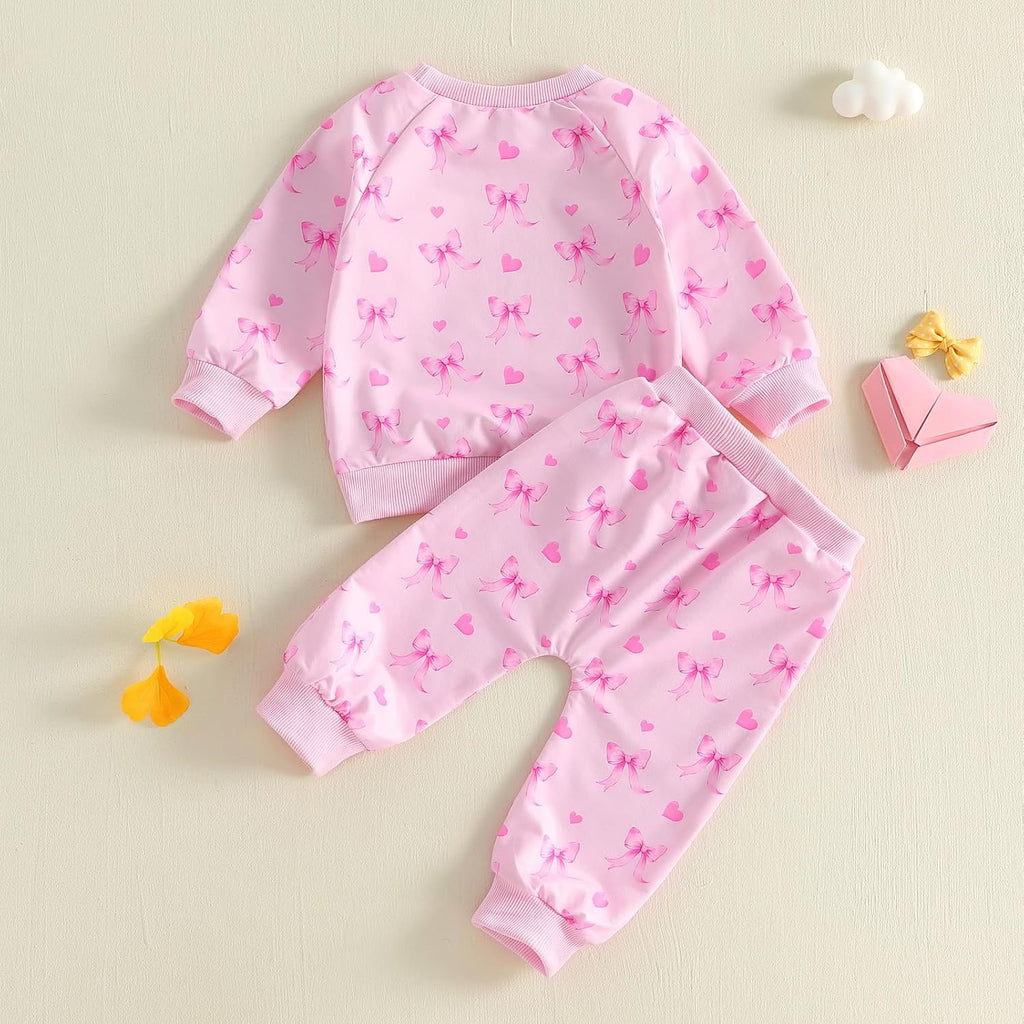 Toddler Baby Girl Outfit Clothes Fall Winter Bows Hearts Long Sleeve Sweatshirt Pullover Top and Pants Set