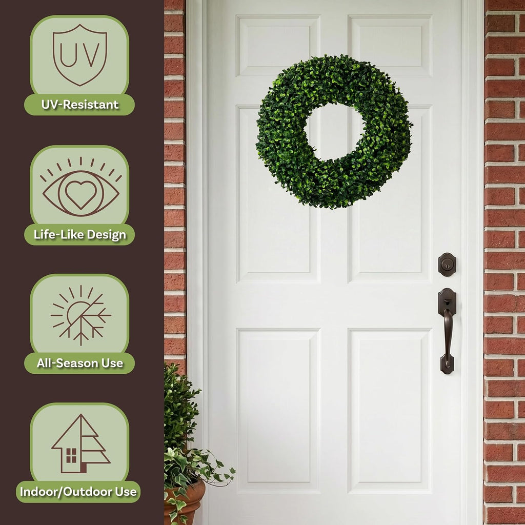 Round Boxwood Wreath for Front Door, Green, 16.5"