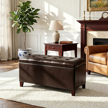 Storage Ottoman Bench, 33 Inches Faux Leather Rectangle Tufted Foot Stool for End Foot of Bed, Bedroom, Living Room