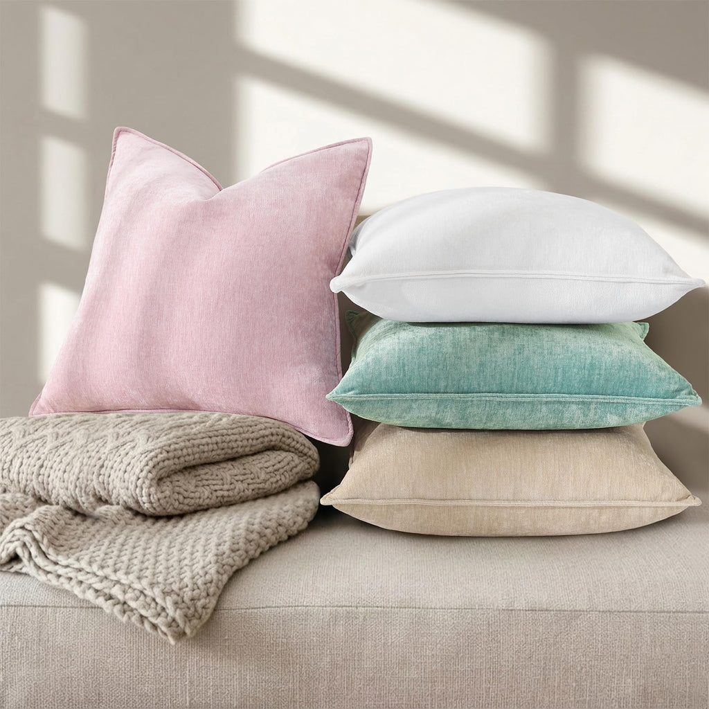 Chenille Cream White Velvet Throw Pillow Covers 20x20 Set of 2