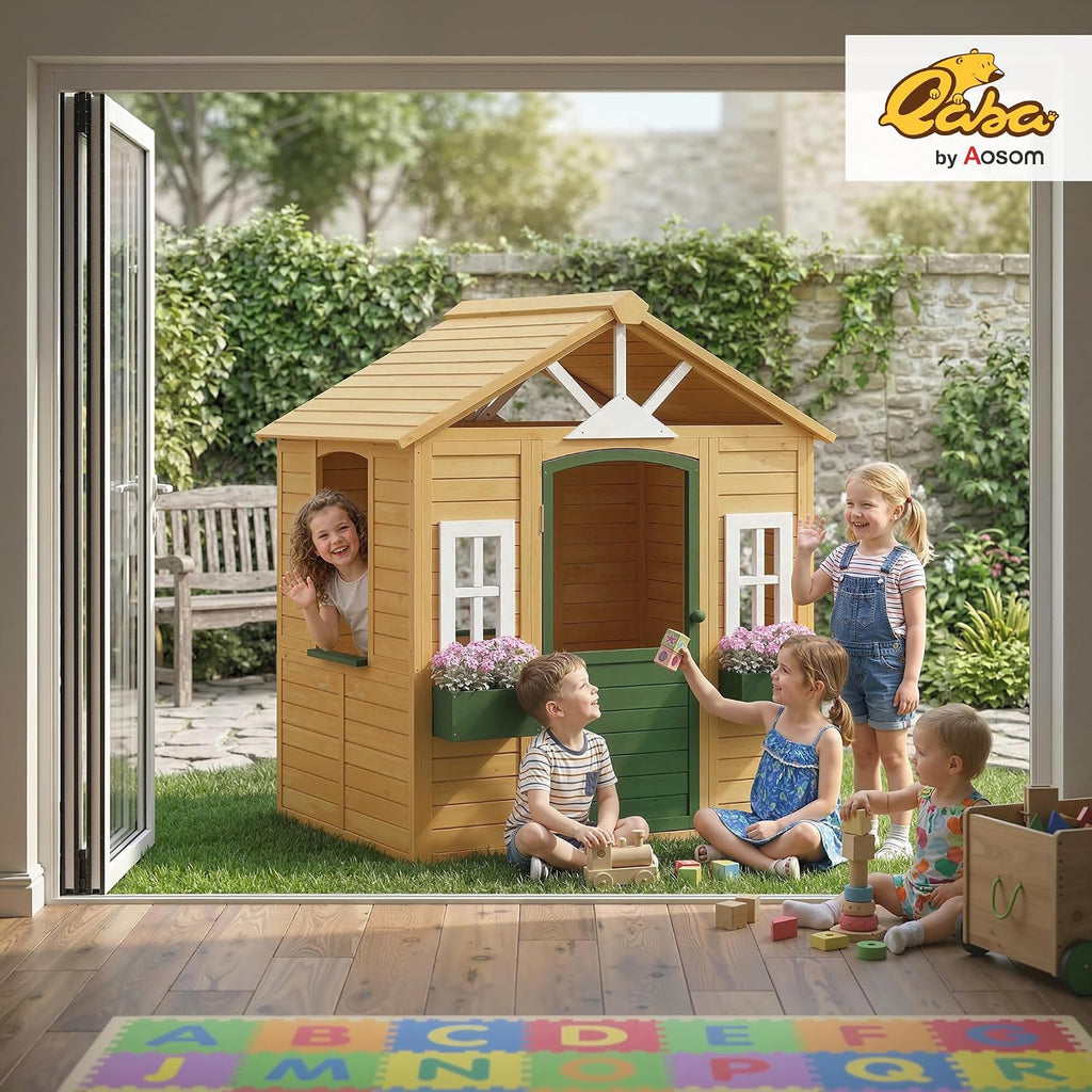 Outdoor Playhouse Wooden Kids Playhouse Functional Door Ages 3-8 Brown | Three Windows, Two Flower Boxes, Kids