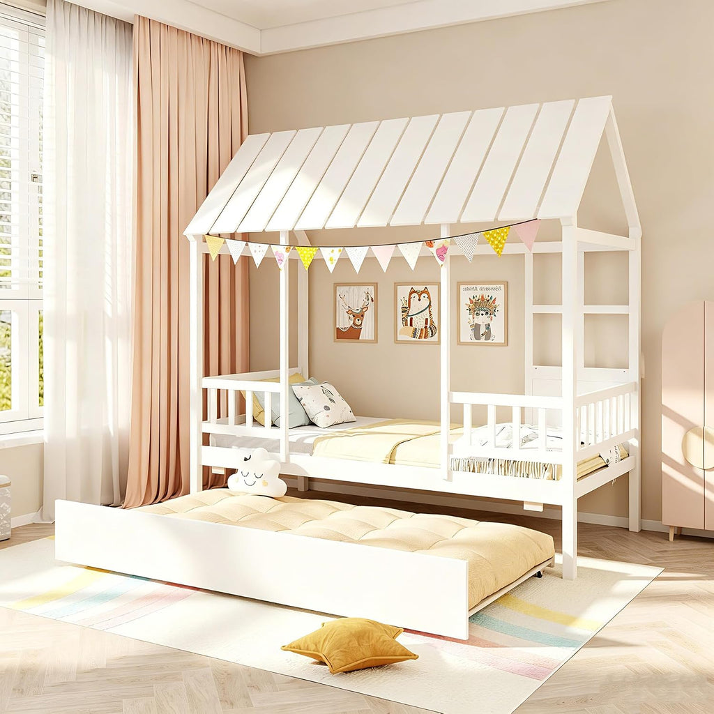 Tw Bed with Trundle Bed Twin, Wooden Montessori Bed Frame with Roof & Safety Guardrail for Kids, Teens, Boys or