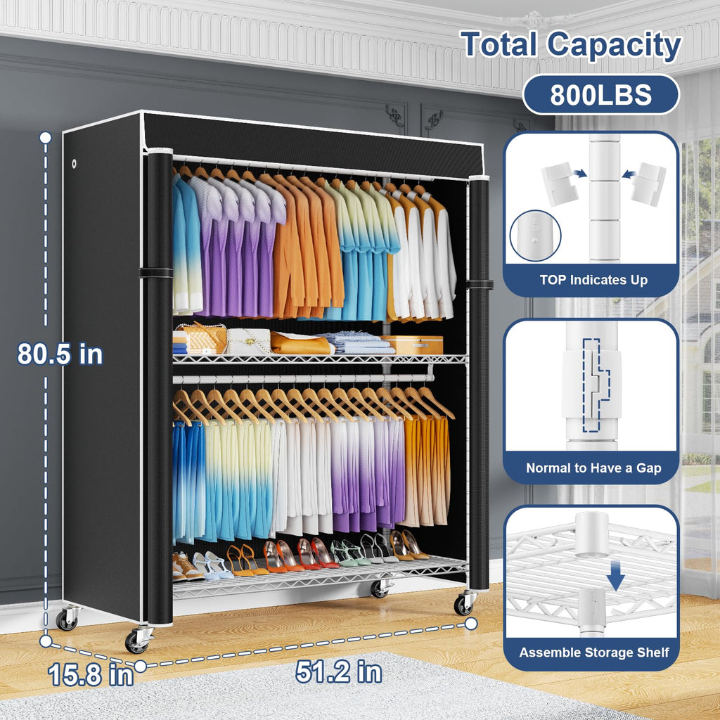 P8C Max Heavy Duty Clothes Rack(With Extended Width Design) Rolling Clothing Racks for Hanging Clothes with Lockable