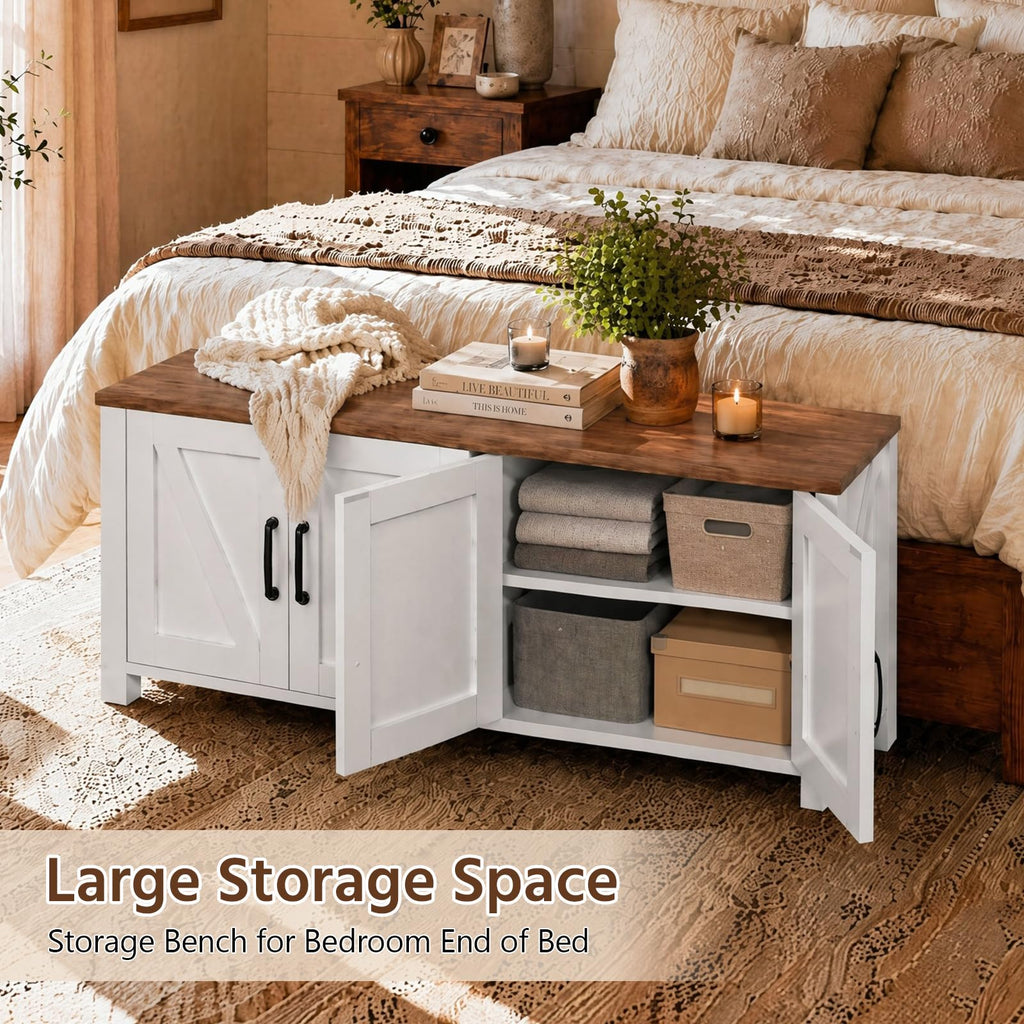 47.3" Shoe Storage Bench, Farmhouse Entryway Bench with 4 Doors & Adjustable Shelves, 2-Tier Shoe Bench, Hallyway