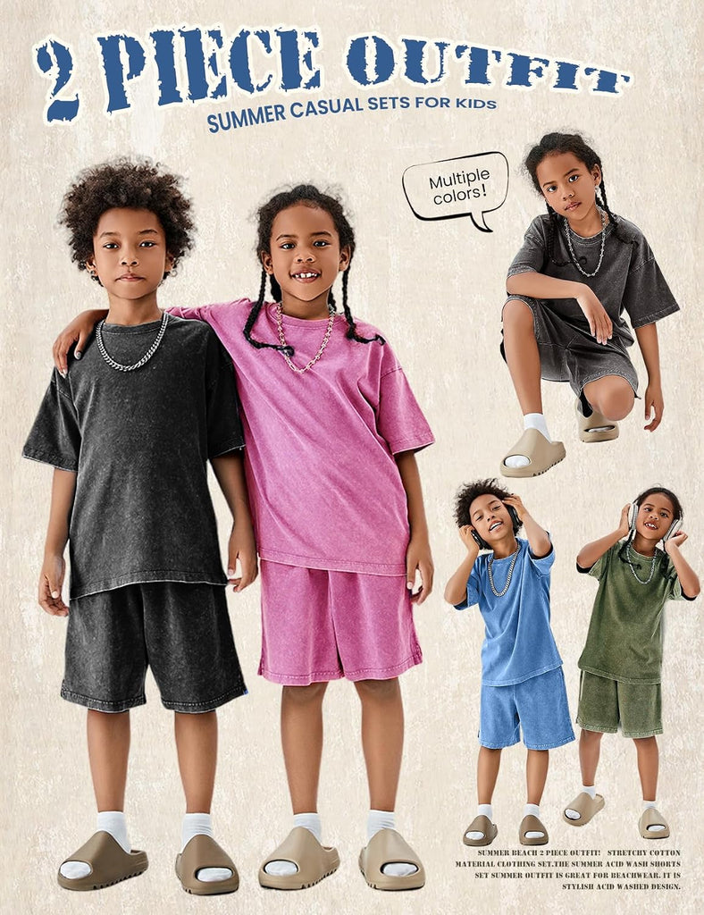 Boys Summer Outfits Acid Wash Short Sets 2 Piece Matching Clothes Set